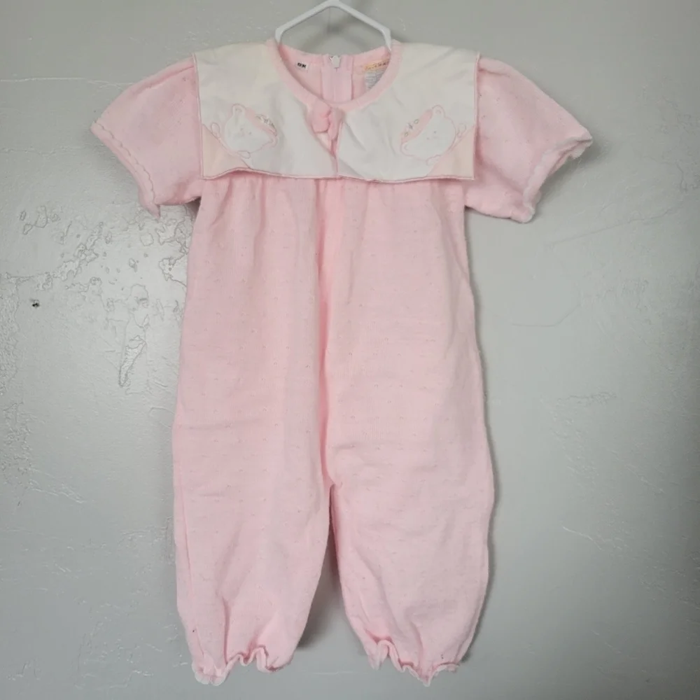 Friemanit Vintage Baby Girl 9 Months Light Pink Knit Outfit Square Collar Bear